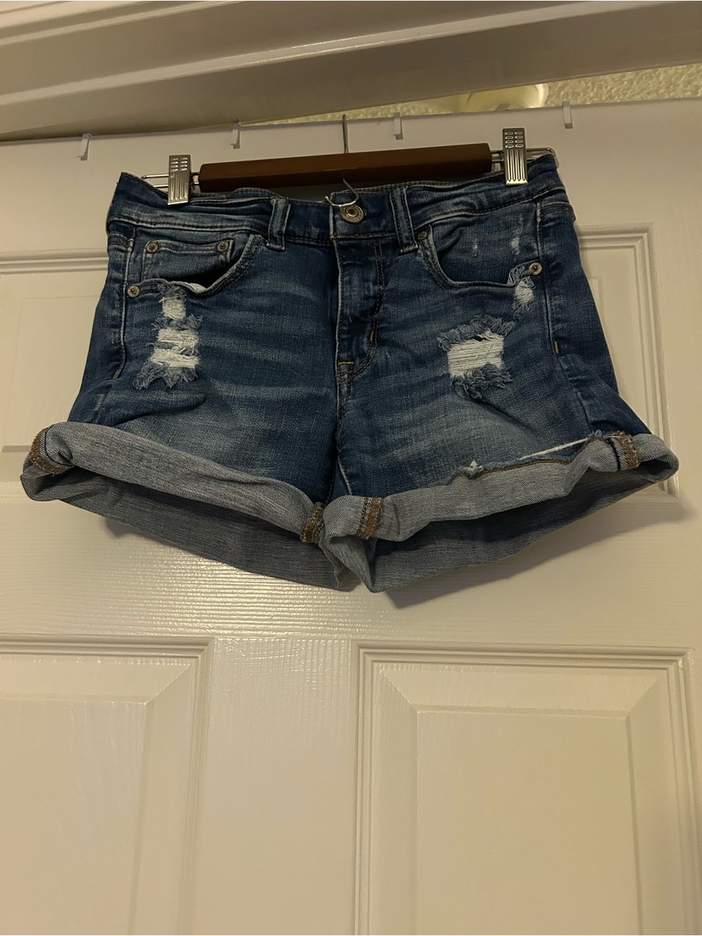 American Eagle Outfitters Distressed Rolled Cuff Denim Shorts - Blue